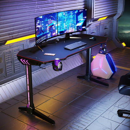 Gaming Table with LED Black Computer Racing Desk with Cup Holder Headphone Hook