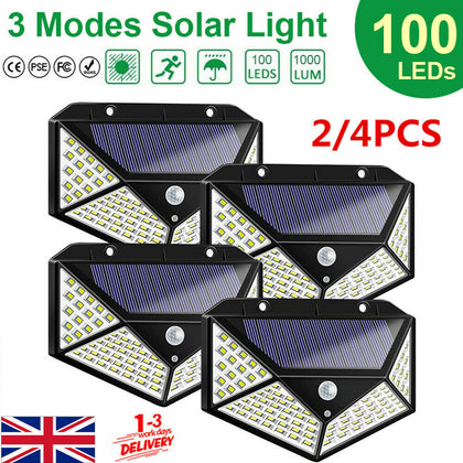 4X 100LED Solar Power PIR Motion Sensor Wall Lights Outdoor Garden Security Lamp