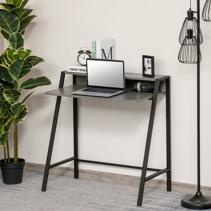 2-Tier Workstation Computer Laptop Desk Table with Storage Shelf Black Grey