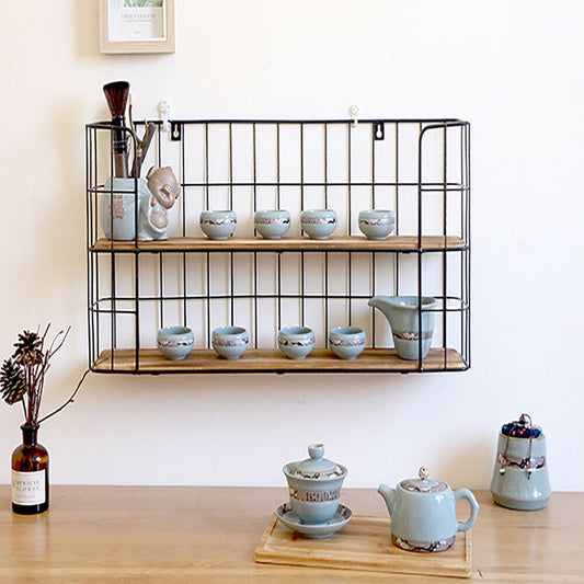2 Tier Wall Mounted Metal Wire Wood Shelf Floating Shelves Kitchen Storage Rack