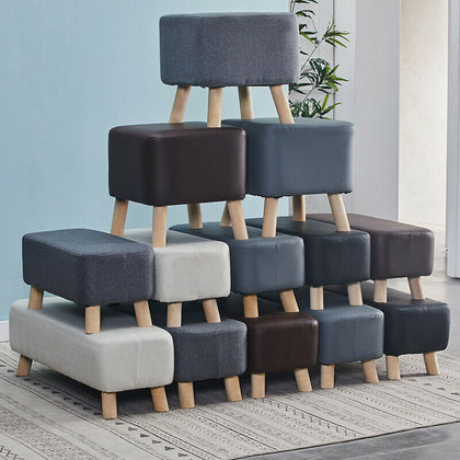 Footstool Faux Leather Linen Fabric Padded Foot Stools Ottoman Bench Wood Legs