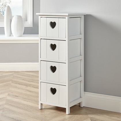 White Wooden 4 Drawer Chest Storage Unit Bedroom Organiser Bedside Love Hearts