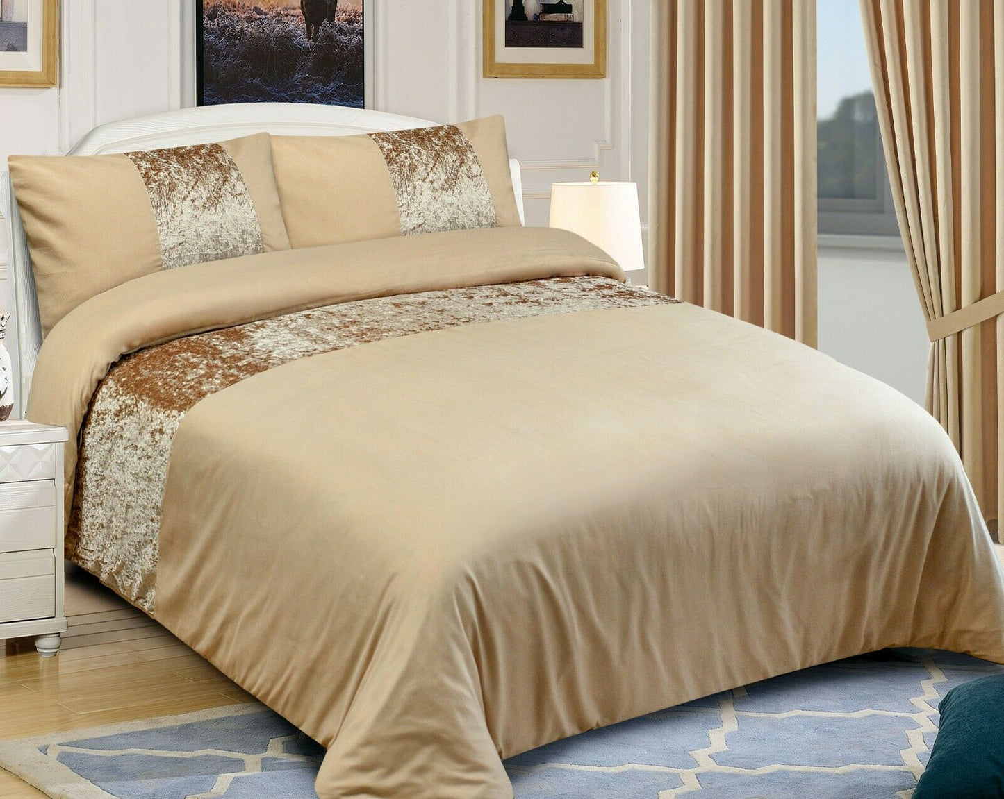 Crushed Velvet Panel Duvet Cover with Pillow Case Bedding Set Silver Grey Black