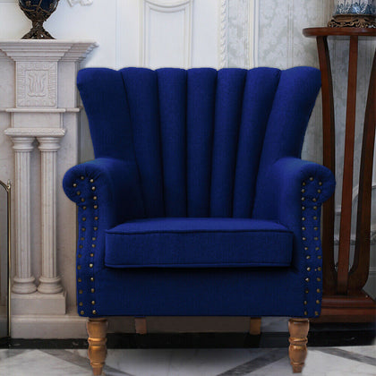 Midnight Blue Armchair Upholstered Fabric Accent Chair with Wooden Legs Lounge