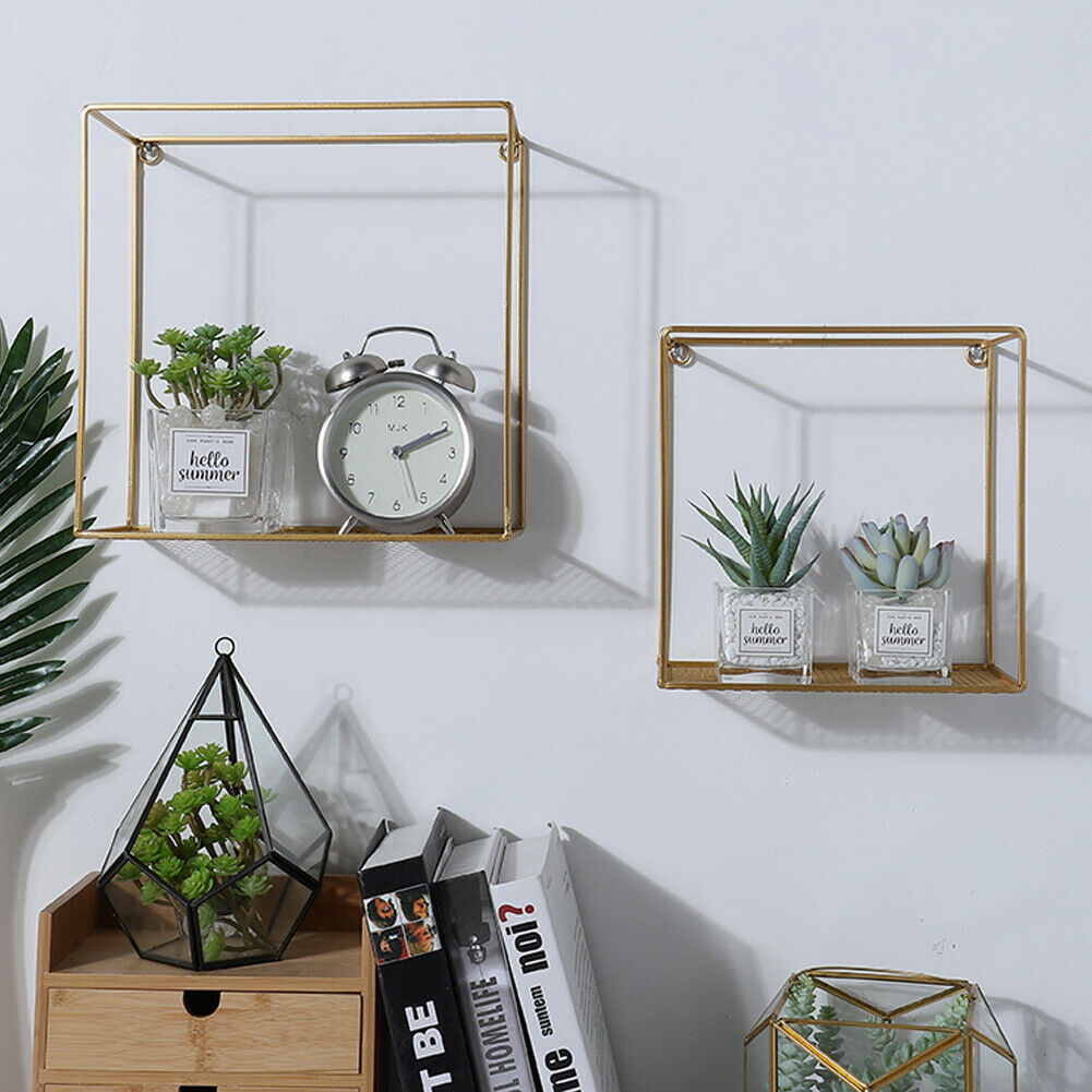 2pcs Floating Modern Gold Wall Shelf Storage Shelves Metal Bookcase Rack Decor