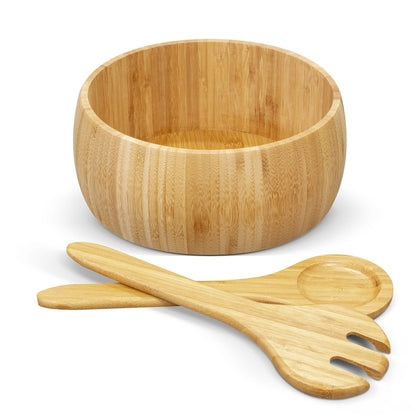 Large Bamboo Salad Bowls 25cm or Fruit Holder With 2 Salad Serving Utensils