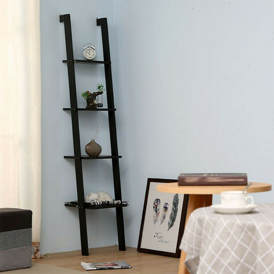 4-Tier Wood Ladder Shelf, Standing Wall Rack, Bookcase Display Shelf White Black