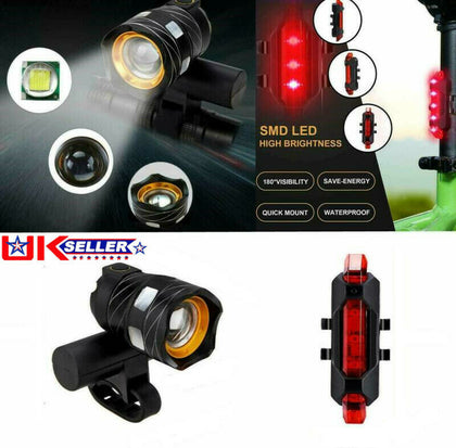 LED Mountain Bike Bicycle Front & Rear Lights Set USB Rechargeable Waterproof