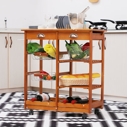 Rolling Kitchen Trolley Island Butcher Wooden Fruit Rack Storage Drawer Wheel