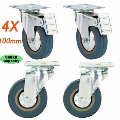 4XHeavy Duty 600KG 100mm Rubber Swivel Castor Wheels Furniture Trolley Caster UK