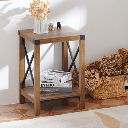 End Table with Shelf Side X Frames Metal Corner Protectors for Living Room Teak