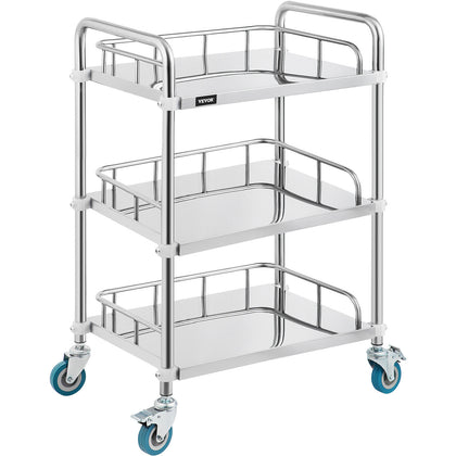 Mobile Rolling Cart 3-Tiers Stainless Steel Lab Medical Rolling Trolley Cart
