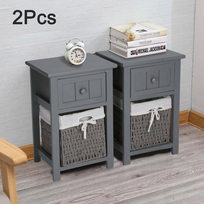 2 x Grey Modern Bedside Tables Night Stand Cabinet Storage Drawer Wicker Basket