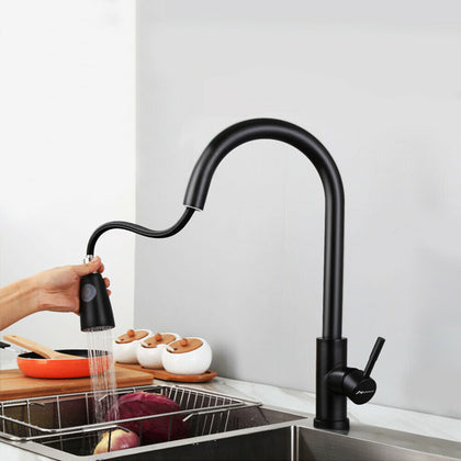 Kitchen Sink Taps Pull Out Spray Mixer Single Lever Swivel Spout Brass Tap Black