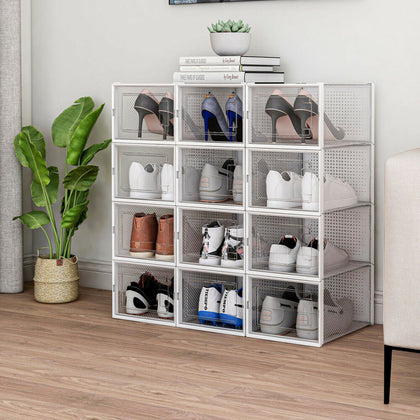 12PC Clear Plastic Shoe Storage Boxes DIY Drawer Stackable Foldable Organizer