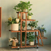 5 Tier Pine Wood Ladder Plant Stand Flower Planter Rack with 4 Lockable Wheels O