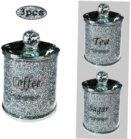 Diamond Crushed Silver Crystal Filled Tea Coffee Sugar Canisters Jars Storage