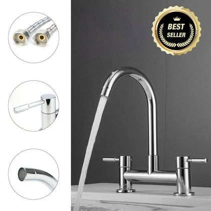 Modern Dual Lever Chrome Kitchen Sink Mixer Tap 2 Hole Deck Mounted Tap Faucet