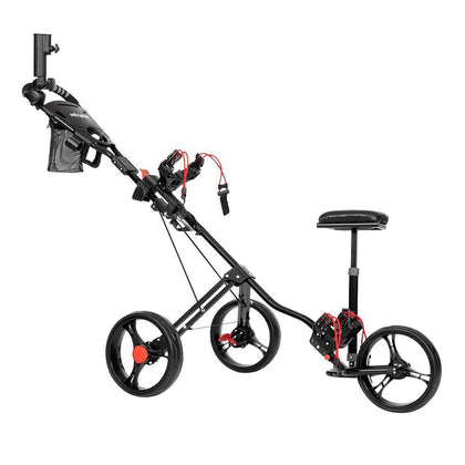 Folding Portable Golf Push Pull Cart Trolley 3 Wheels with Seat Umbrella Holder
