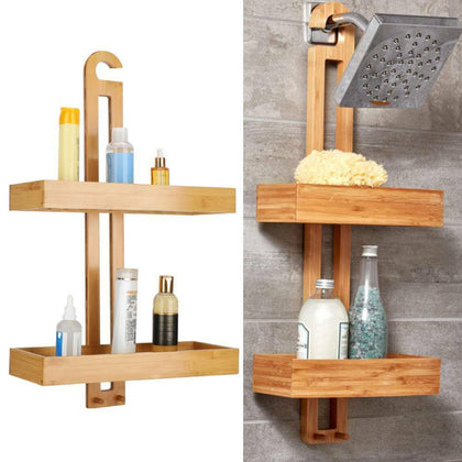 2 Tiers Bamboo Bathroom Shower Shelf Caddy Basket Shampoo Storage Shelves Holder