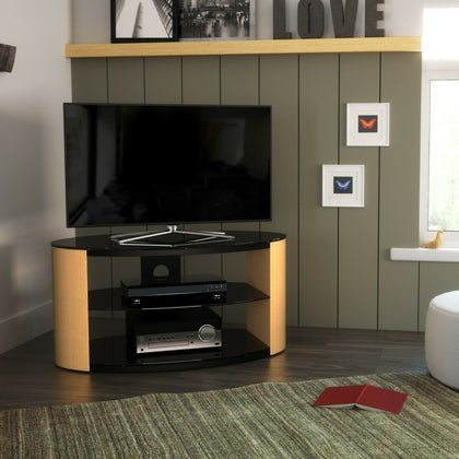 Oak TV Stand Wood Effect Oval with Black Glass Shelves for TVs 28