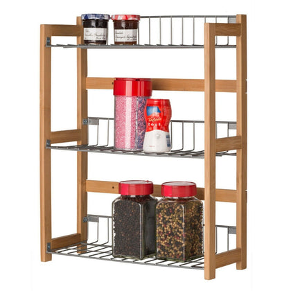 3 Shelf Bamboo Wood Kitchen Spice Rack Metal Storage Unit for Fruit Vegetables