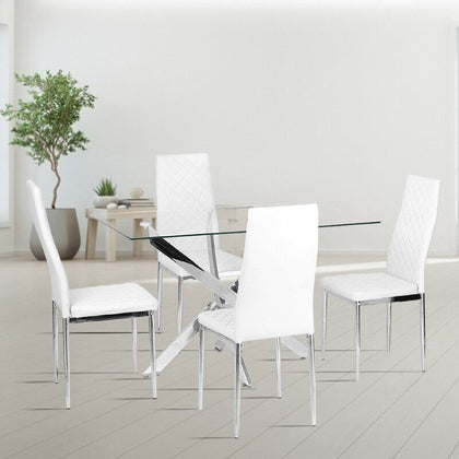 Stunning Glass Dining Table and 4 White Faux Leather Padded Chairs 4 Seater Set