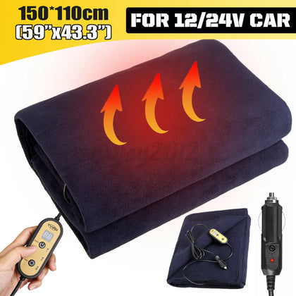 Large Car Electric Heated Blanket 12/24V Plush Cozy Van Travel Adjustable Heat