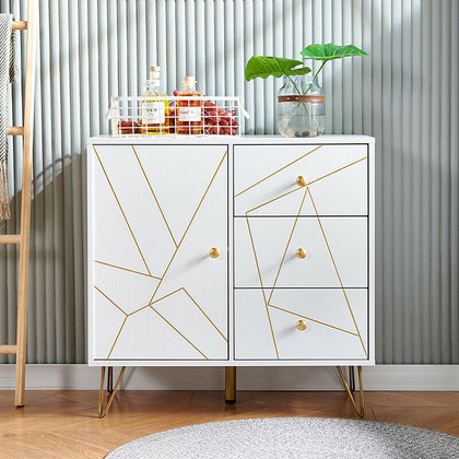 1 Door 3 Drawer Sideboard with Golden Hairpin Legs Storage Cabinet Buffets White