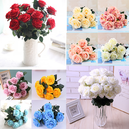 10 Heads Silk Rose Artificial Flowers Bunch Bouquet Wedding Home Party Decor UK