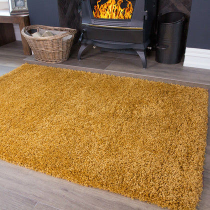 Mustard Ochre Yellow Shaggy Rug Warm Non Shed Soft Thick Cosy Living Room Rugs