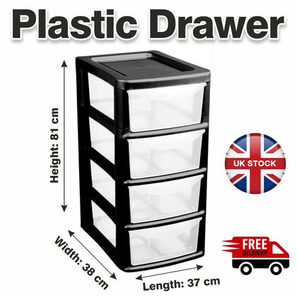 4 Tier Plastic Drawers Storage Office Home Tower Chest Drawer School Uni