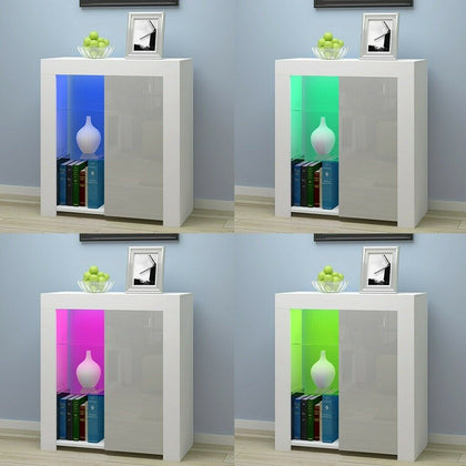 Modern Grey & White Cabinet Cupboard High Gloss 1 Door Glass Shelves LED Light