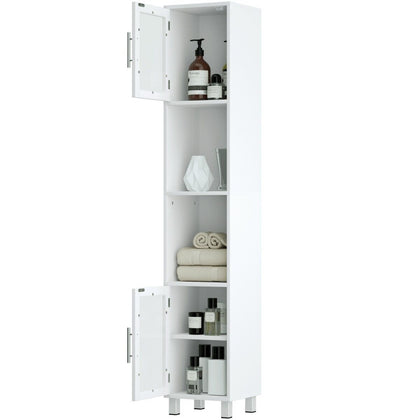 Bathroom Tall Cabinet Slim Freestanding Storage Organizer Cupboard 2 Glass Doors