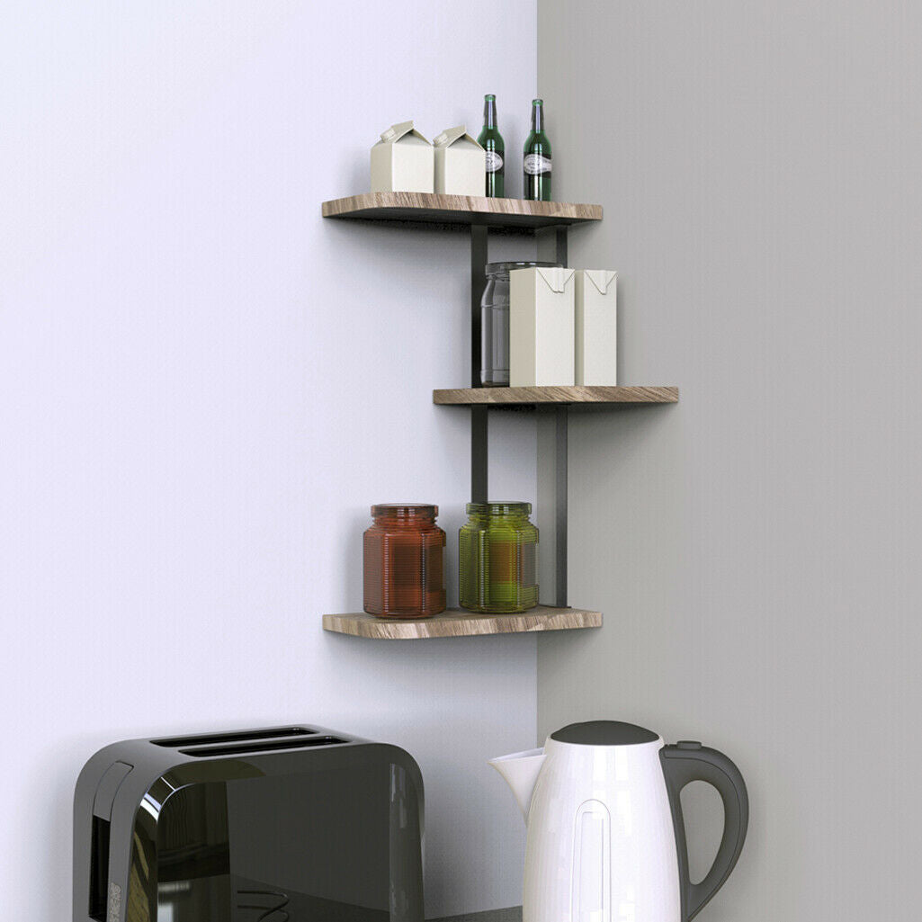 3 Tier Wood Rectangular Floating Shelf Wall Shelf Corner Shelf Book Art Storage