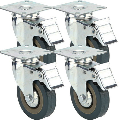 4 X Heavy Duty 75mm Rubber Swivel Castor Wheels Trolley Caster Brake 360KG UK