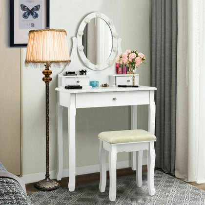 Dressing Table Set Wooden Vanity Desk Mirror Makeup Cosmetic Organizer LED Light