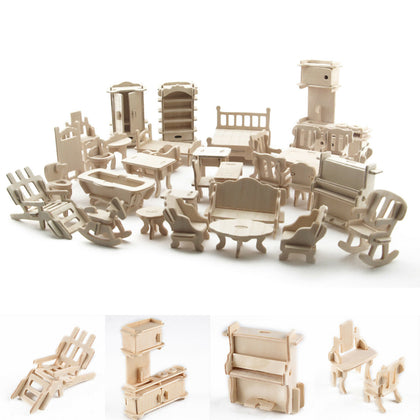 34Pcs/1 Set New Vintage Wooden Furniture Dolls House Miniature Toys Kids Gift
