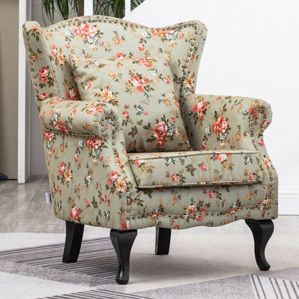 Occasional High Back Wing Floral Fabric Armchair Queen Metallic Rivet Chair Sofa