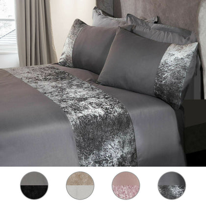 Modern Crushed Velvet Panel Duvet Cover with Pillow Case Bedding Set Silver Grey