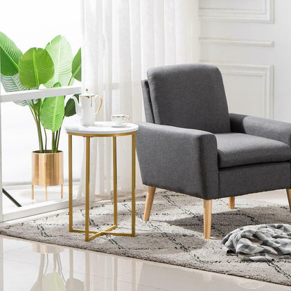 Marble Round Tea Table Sofa End Side Table Living Room Furniture- White Gold