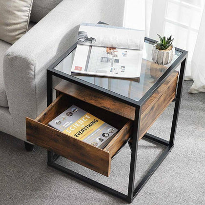 Industrial Bedside Table Tempered Glass Nightstand with 1 Drawer Bedroom Cabinet