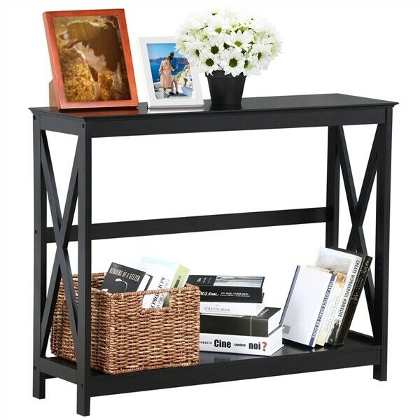 2 Tier X-Design Console Table Hallway Side Table Bookshelf Entryway Table Black