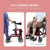 2-In-1 Rollator Walker & Transport Chair Folding Walking Aid w/ Large Seat