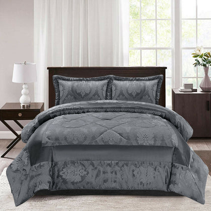 Luxury 3 Piece Grey Quilted Bedspread Heavy Jacquard Comforter Throw S.King Size