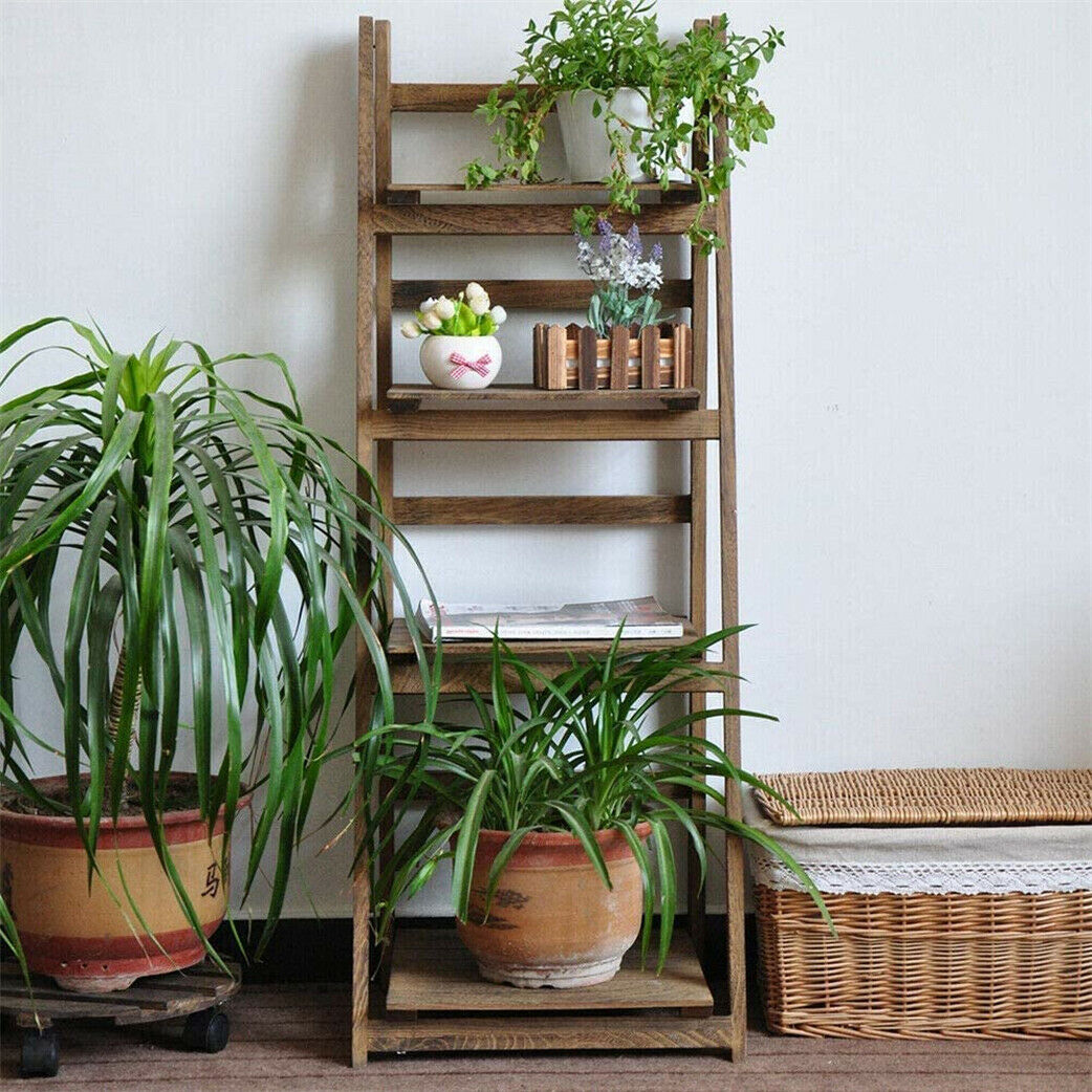 Foldable 4 Tier Wooden Ladder Storage Rack Display Stand Shelving Unit ...