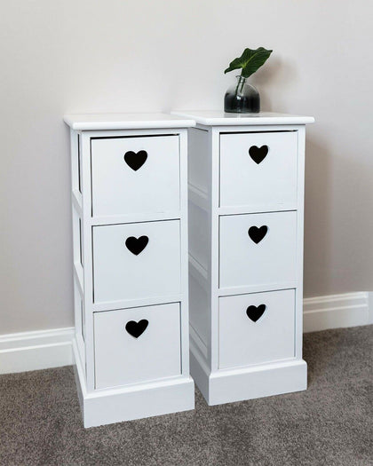 Pair Bedside Units White 3 Drawer Heart Cutout Chest Cabinets Side Table x2