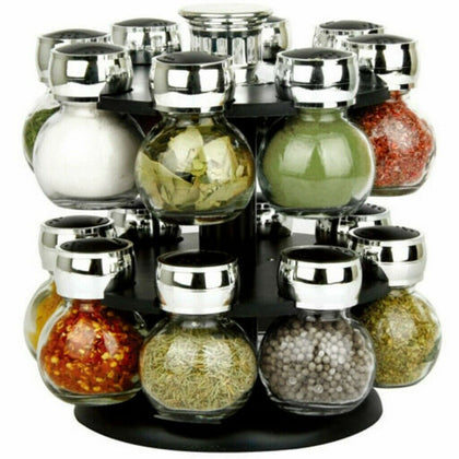 Revolving Rotating Plastic 16 Jar Spice Rack Storage Glass Jars & Chrome Lids