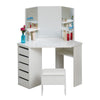 White Wood Corner Dressing Table Corner Makeup Desk 5 Drawer 3 Mirror and Stool