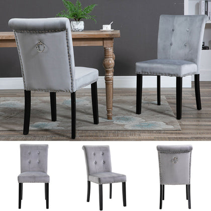 2x Velvet Dining Chair with Knocker/Ring Back Dining Room Kitchen Chairs Grey